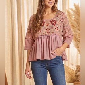 Savanna Jane Top Babydoll Embroidered Bohemian Western Pink Cotton Sz MEDIUM